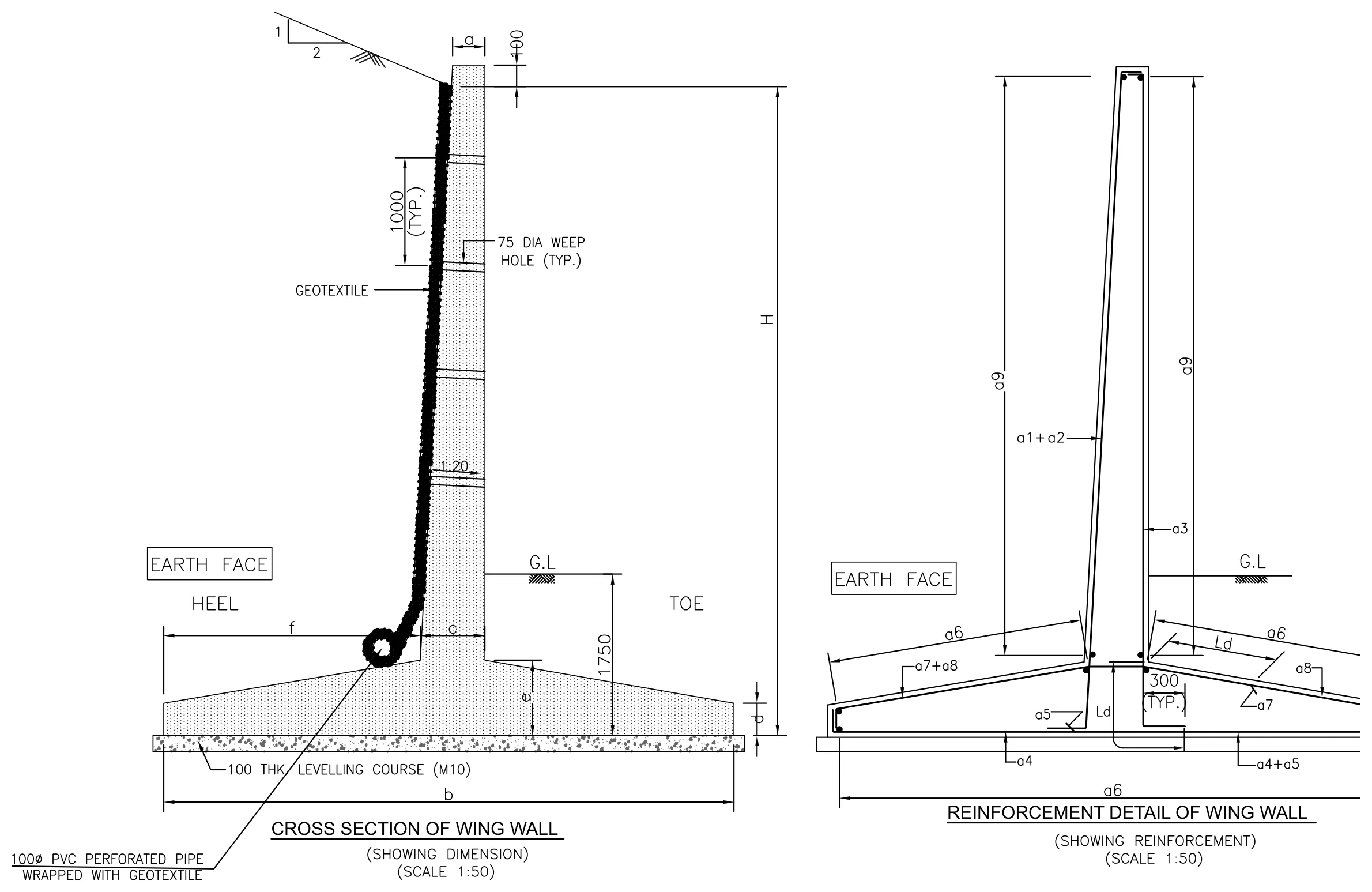 Wing wall cross-section and reinforcement detail showing bar marks a1 to a9