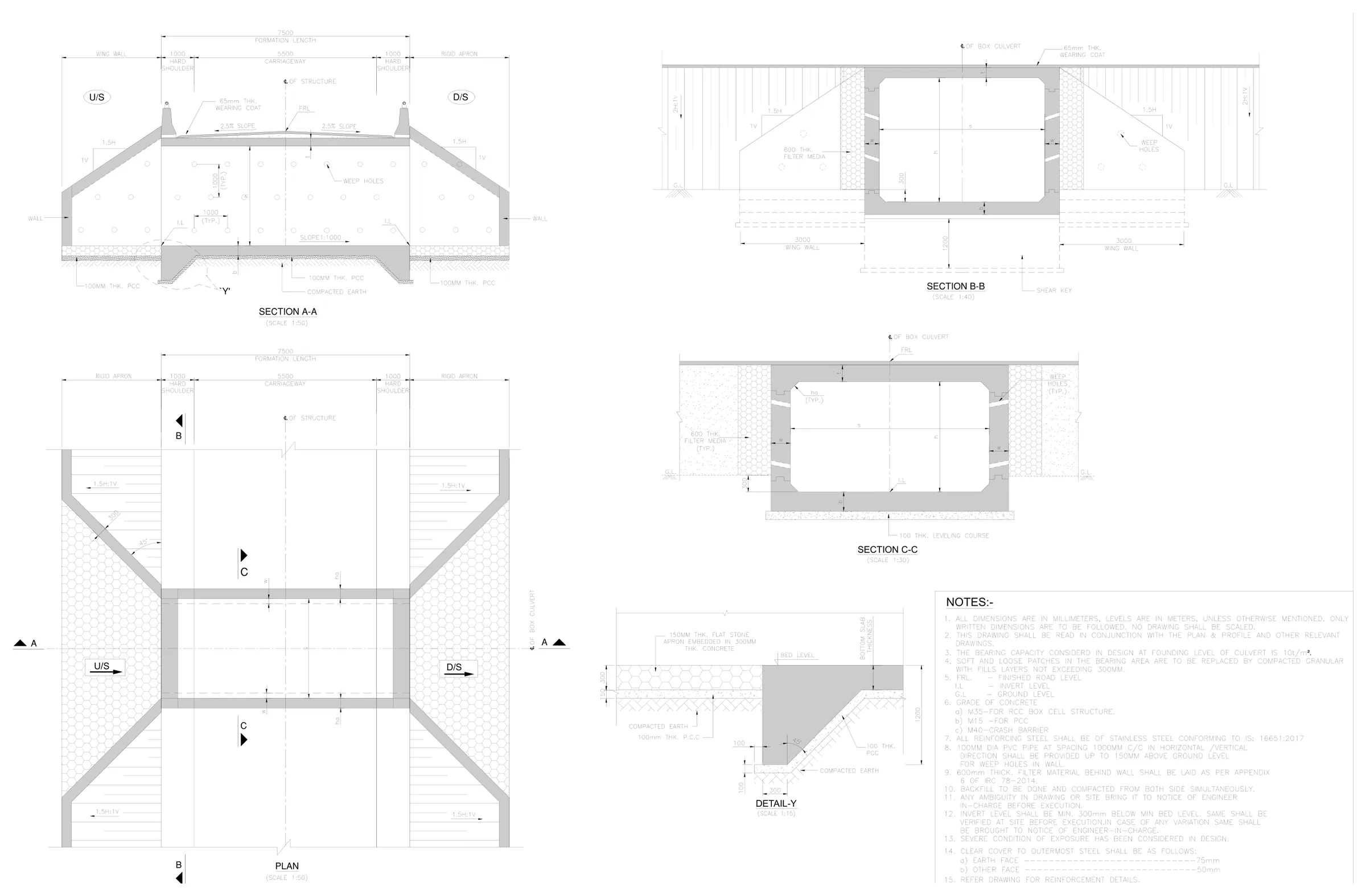 Box culvert general arrangement: sections A-A, B-B and C-C, plan with wing walls and aprons, and an apron detail