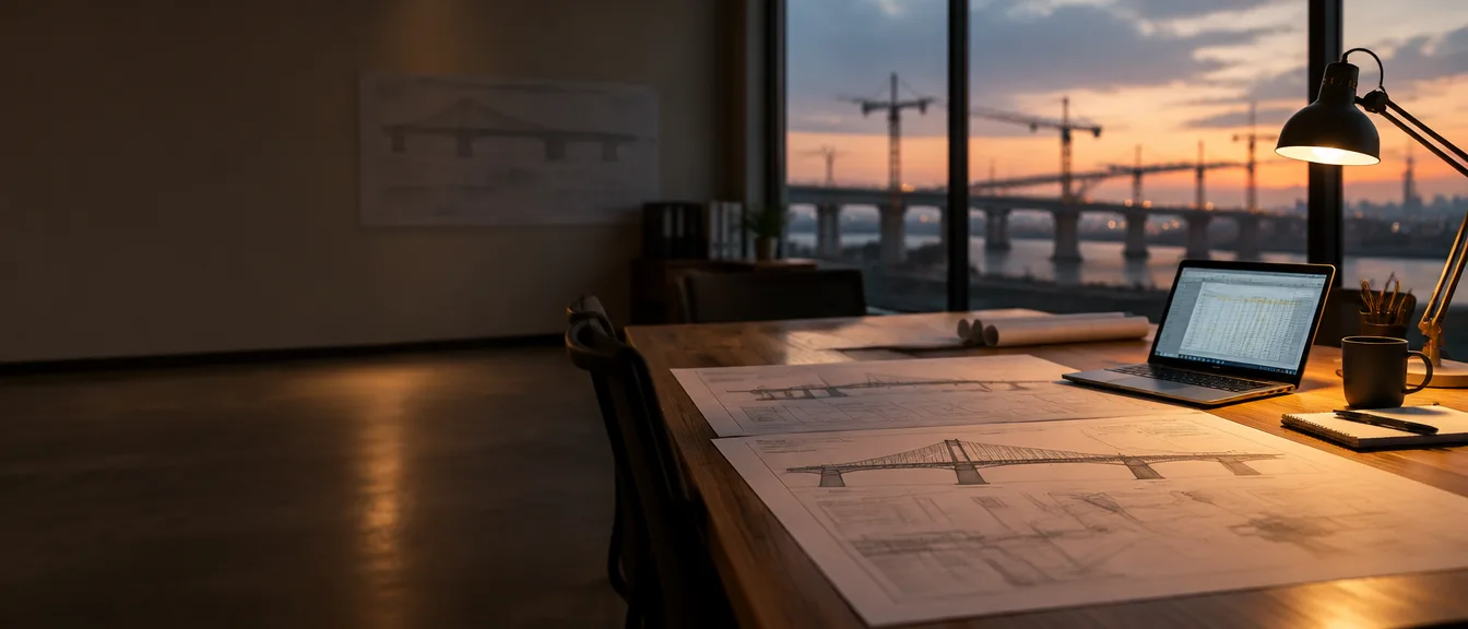 Engineers reviewing drawings in a site office at dusk