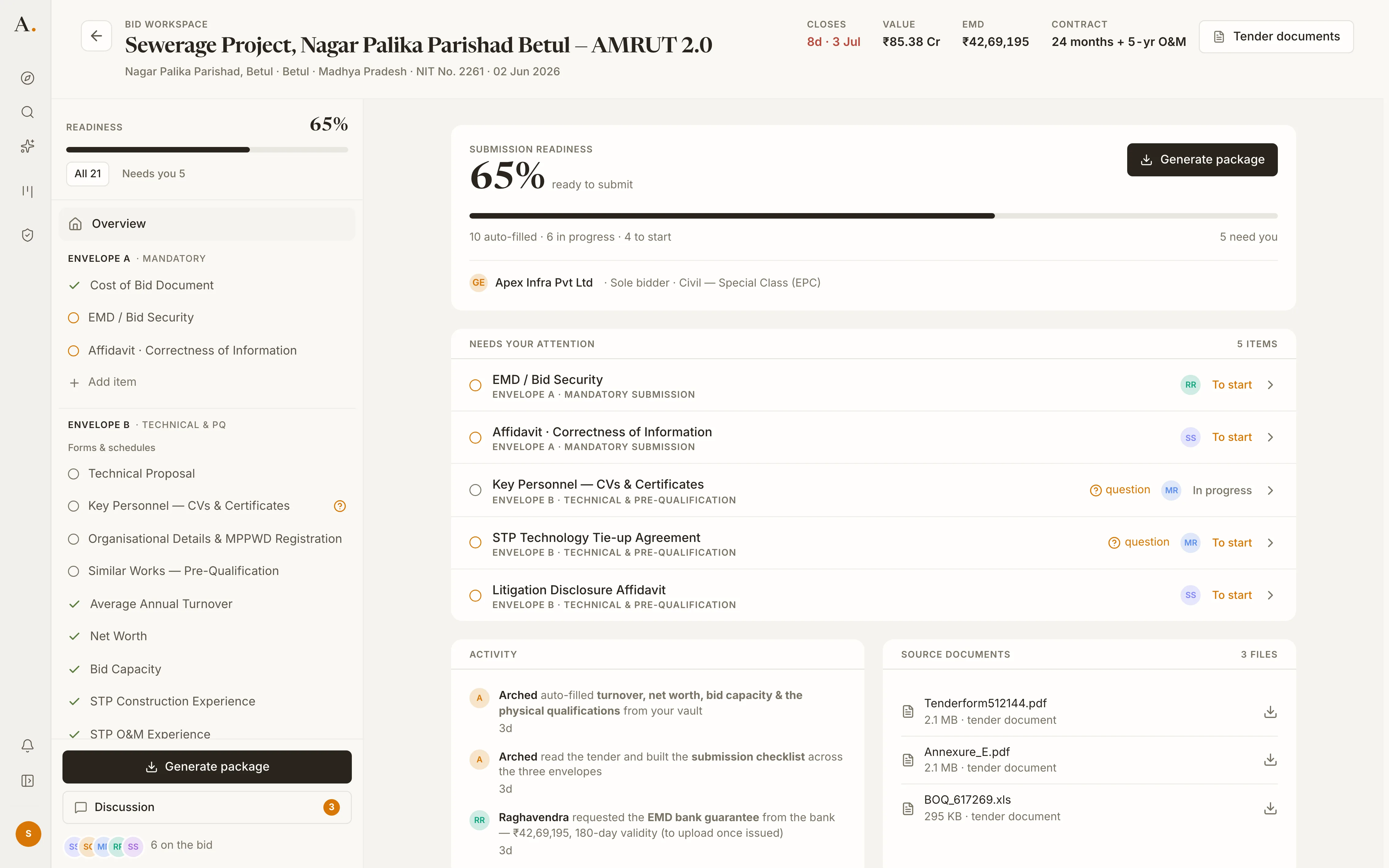 The bid package assembled, every requirement tracked to a document, with readiness at a glance